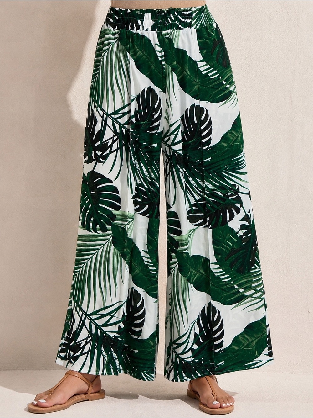 Worthington White Wide-Leg Palm Print  (Wide Leg) or Palazzo Pants.XL